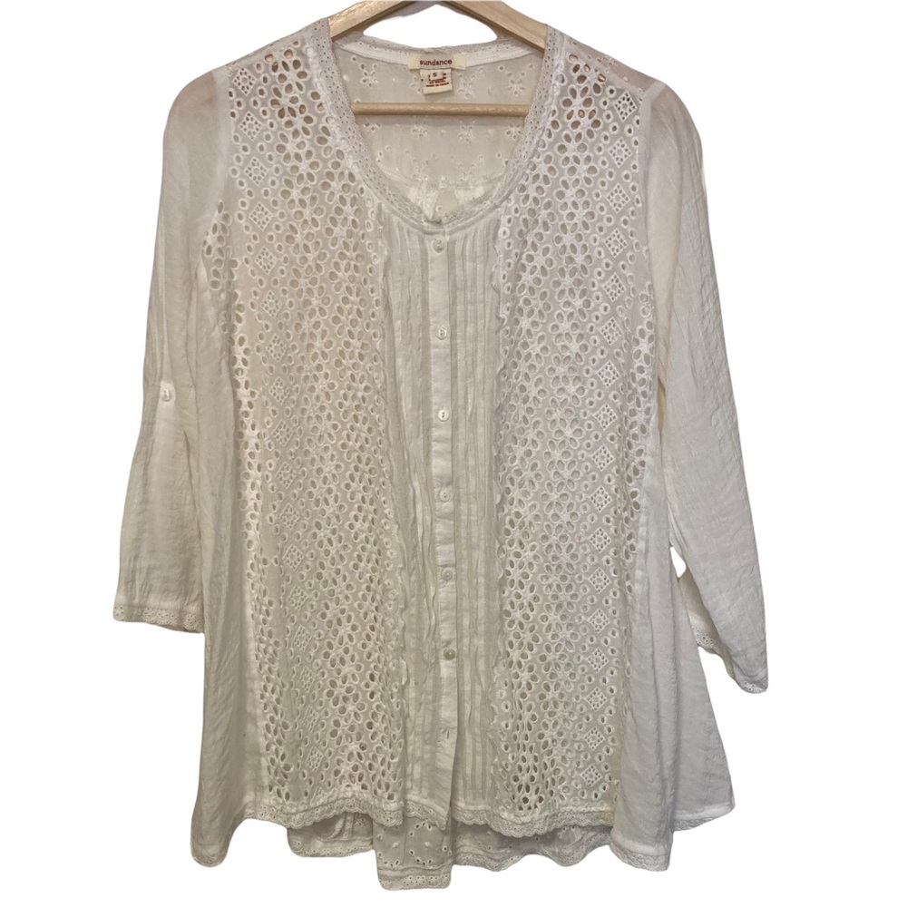 Sundance White Eyelet Button Down 3/4 Length Sleeve Blouse Small
